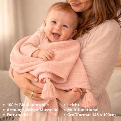 Beberotti Couverture en mousseline biologique à pompons rose, rosa – photo produit, sommeil bébé, a…