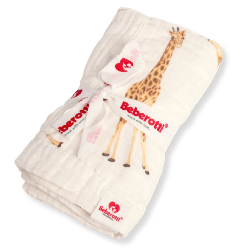 Organic 4 Layered Double Sided Muslin Blanket white/giraffe