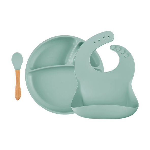 MinikOiOi BLW Set II - River Green - Bavoir-assiette-cuillère en silicone