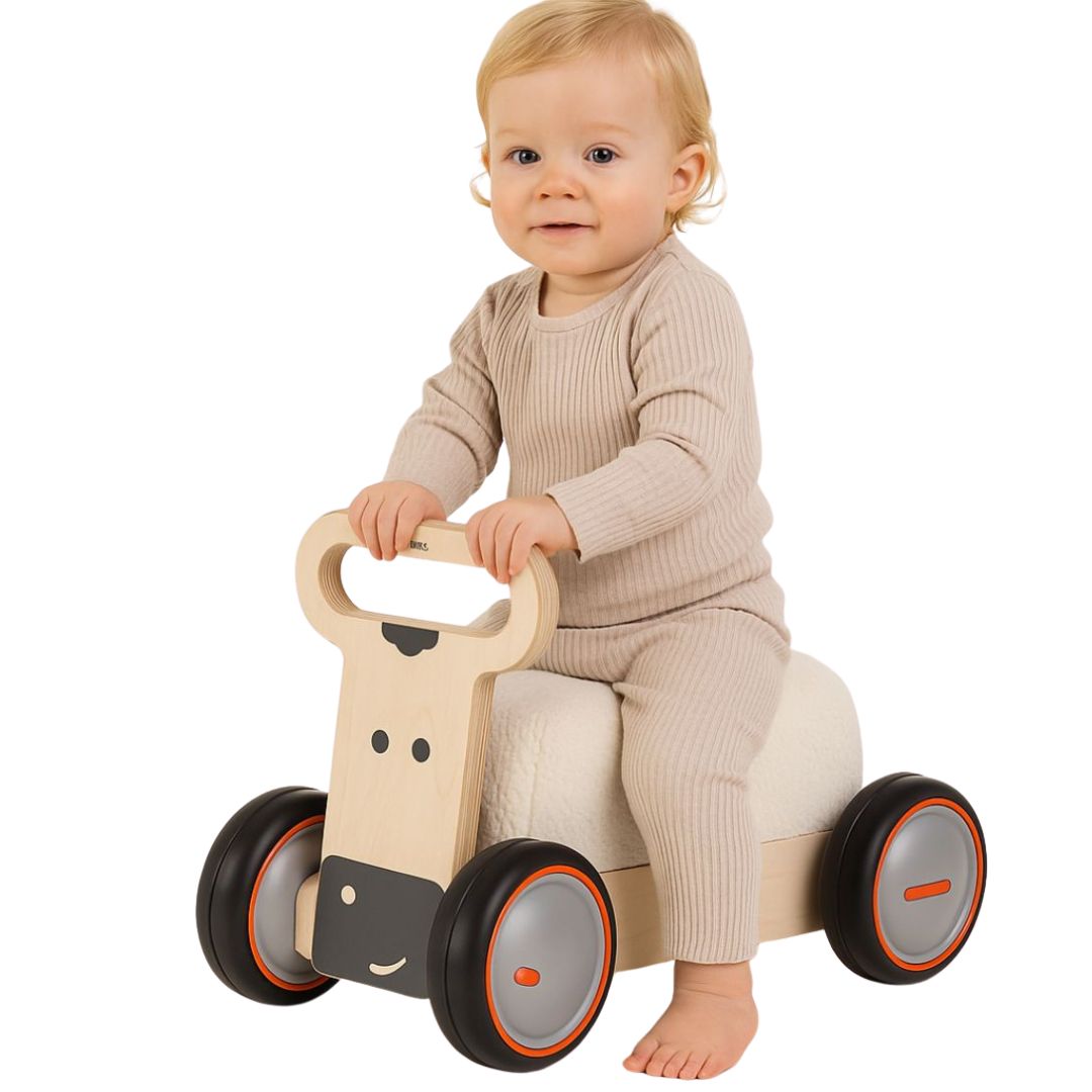 DRIVEME soft walker + rideon and toy wagon, cow