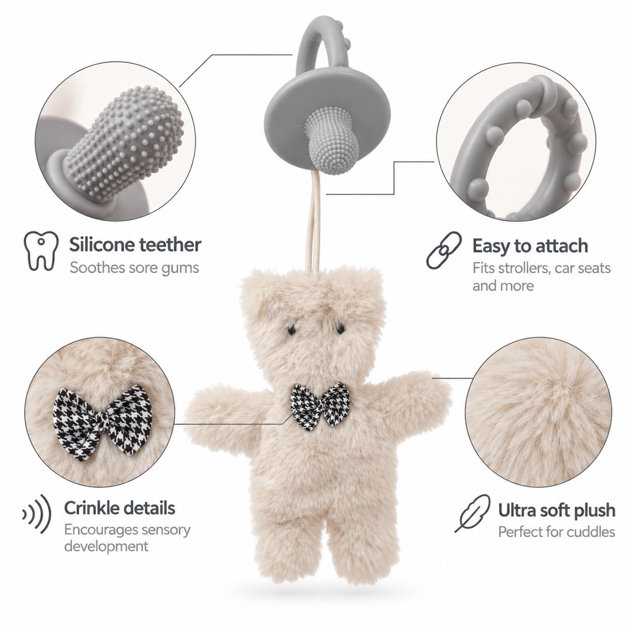 Baby Crinkle Plush Toy Bear – Sensory Rattle Toy with Removable Silicone Teether