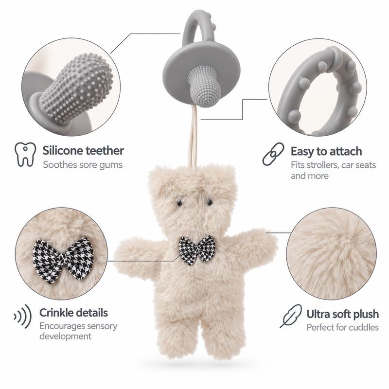 Peluche frusciante neonato Orsetto – Gioco sensoriale con massaggiagengive in silicone
