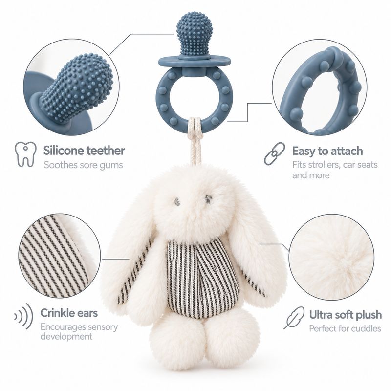 Peluche frusciante neonato Coniglietto – Gioco sensoriale con massaggiagengive in silicone