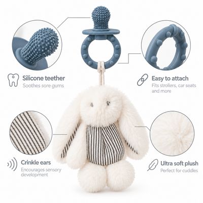 Peluche bruissante bébé Lapin – Jouet sensoriel avec anneau de dentition en silicone