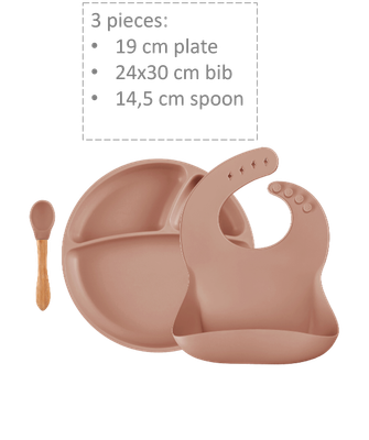 MinikOiOi BLW Set II - Woody Brown - Silicone bib-plate-spoon MinikOiOi BLW Set II - Woody Brown - Silicone bib-plate-spoon