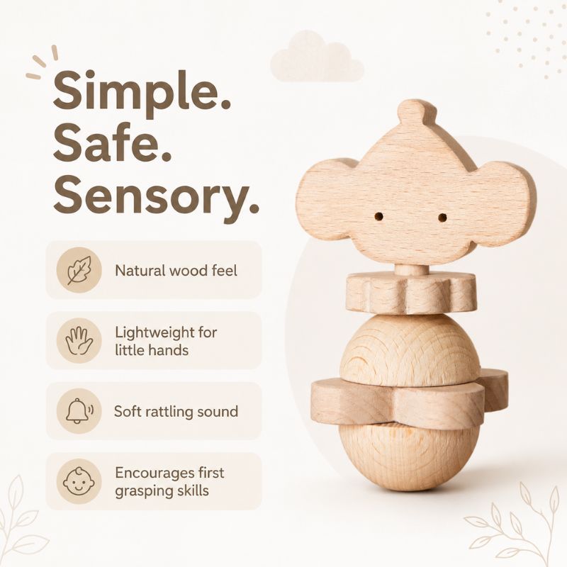 Childwood Hochet en bois fait main SOURIS – photo produit, anneau de dentition bébé, jouet sensorie…