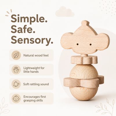 Childwood Hochet en bois fait main SOURIS – photo produit, anneau de dentition bébé, jouet sensorie…
