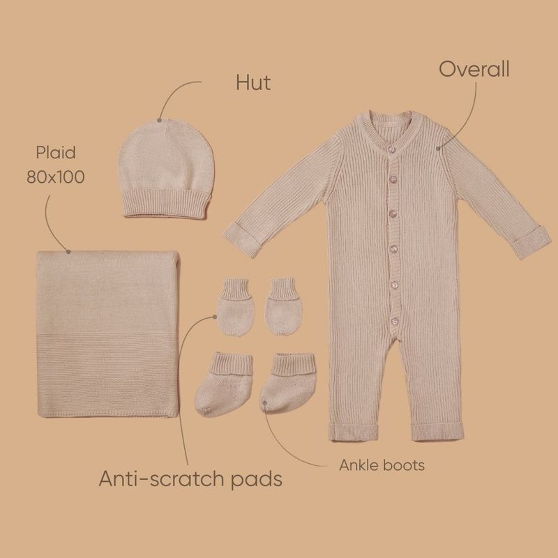Newborn 5-piece set – Blanket, Button-up Romper, Mittens, Booties, Hat