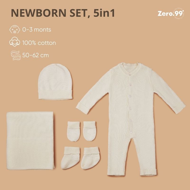 Newborn 5-piece set – Blanket, Button-up Romper, Mittens, Booties, Hat