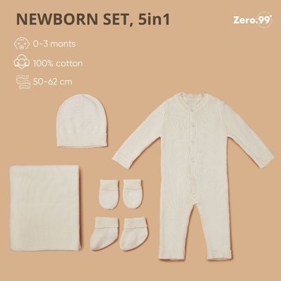 Newborn 5-piece set – Blanket, Button-up Romper, Mittens, Booties, Hat