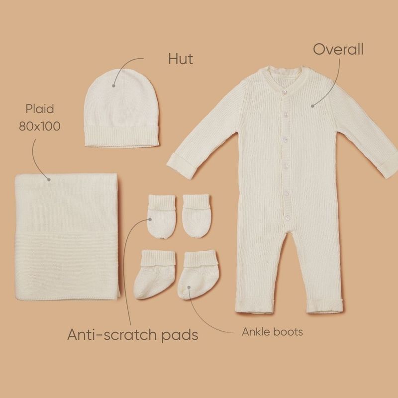 Newborn 5-piece set – Blanket, Button-up Romper, Mittens, Booties, Hat