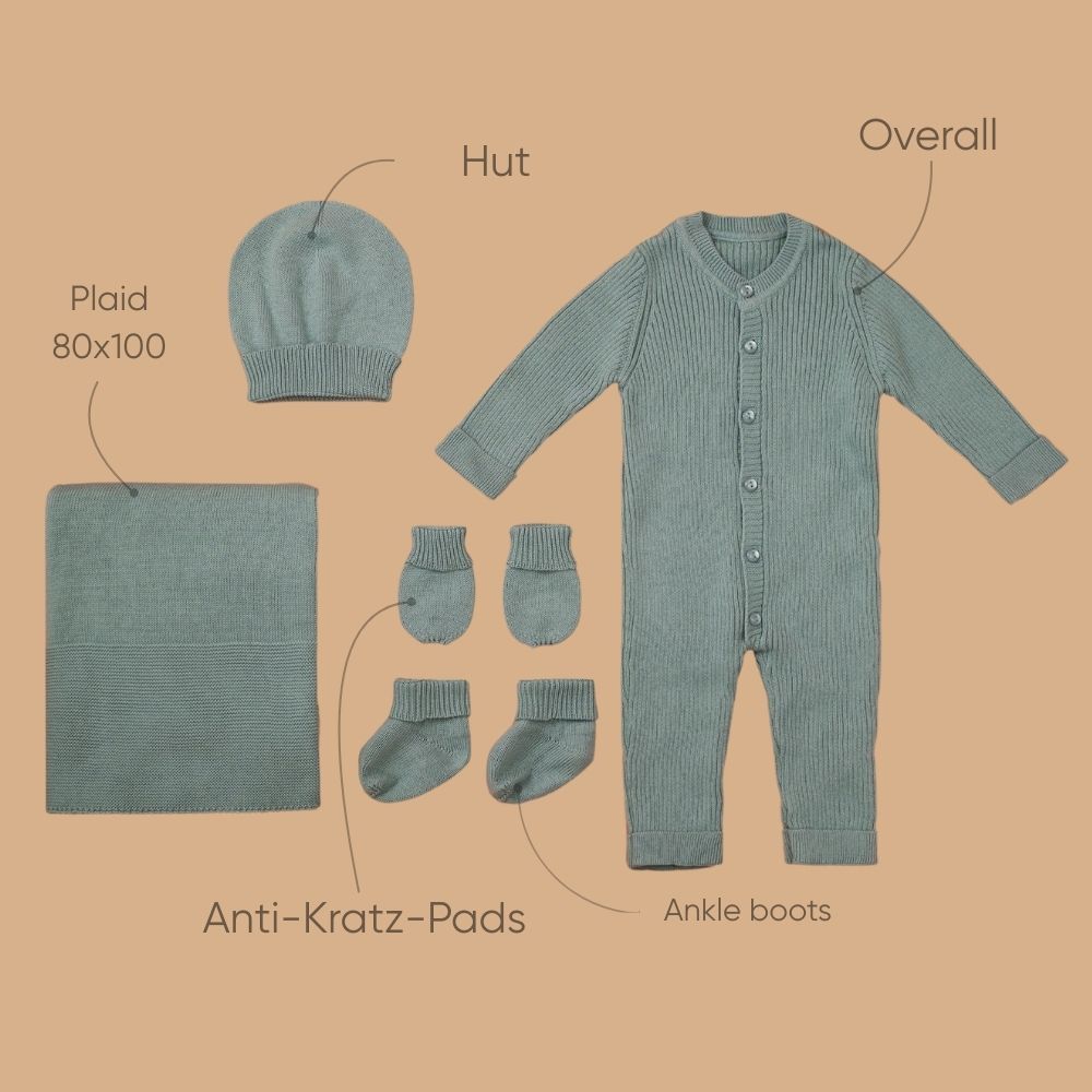 Zero.99 Newborn 5-piece set – Blanket, Button-up Romper, Mittens, Booties, Hat, Grün (Mintgrün) – b…
