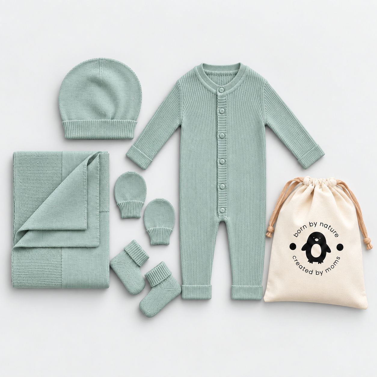 Newborn 5-piece set – Blanket, Button-up Romper, Mittens, Booties, Hat