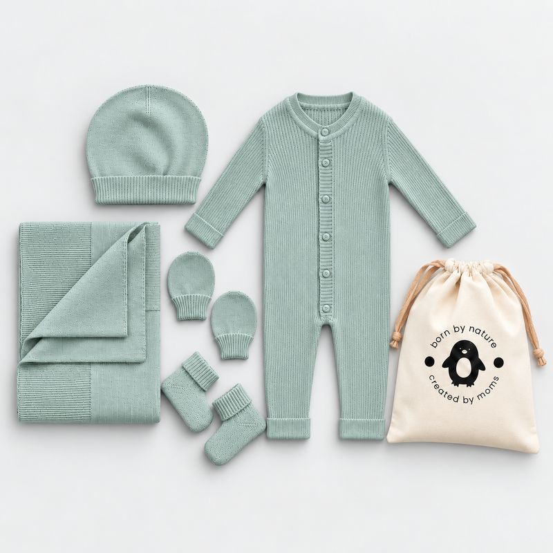 Newborn 5-piece set – Blanket, Button-up Romper, Mittens, Booties, Hat
