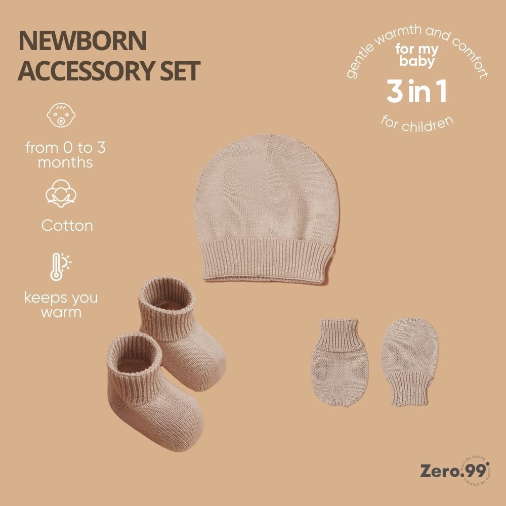 Zero.99 Baby Set 3-in-1 Knitted: Hat, Mittens &amp; Booties, Beige – baby sleep essentials, baby textile