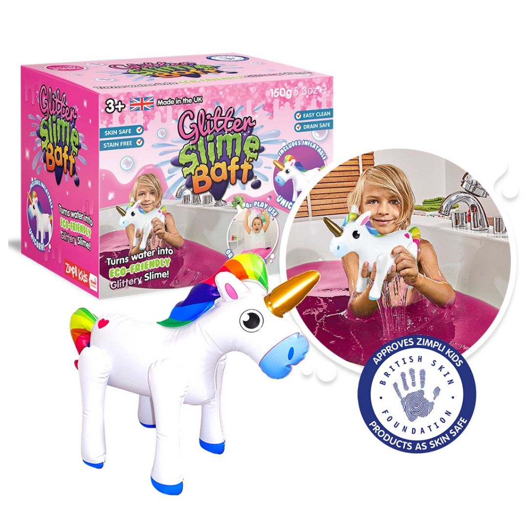 Zimpli Kids Bio Glitter Slime Baff with Inflatable Unicorn – STEM toy, baby clothing