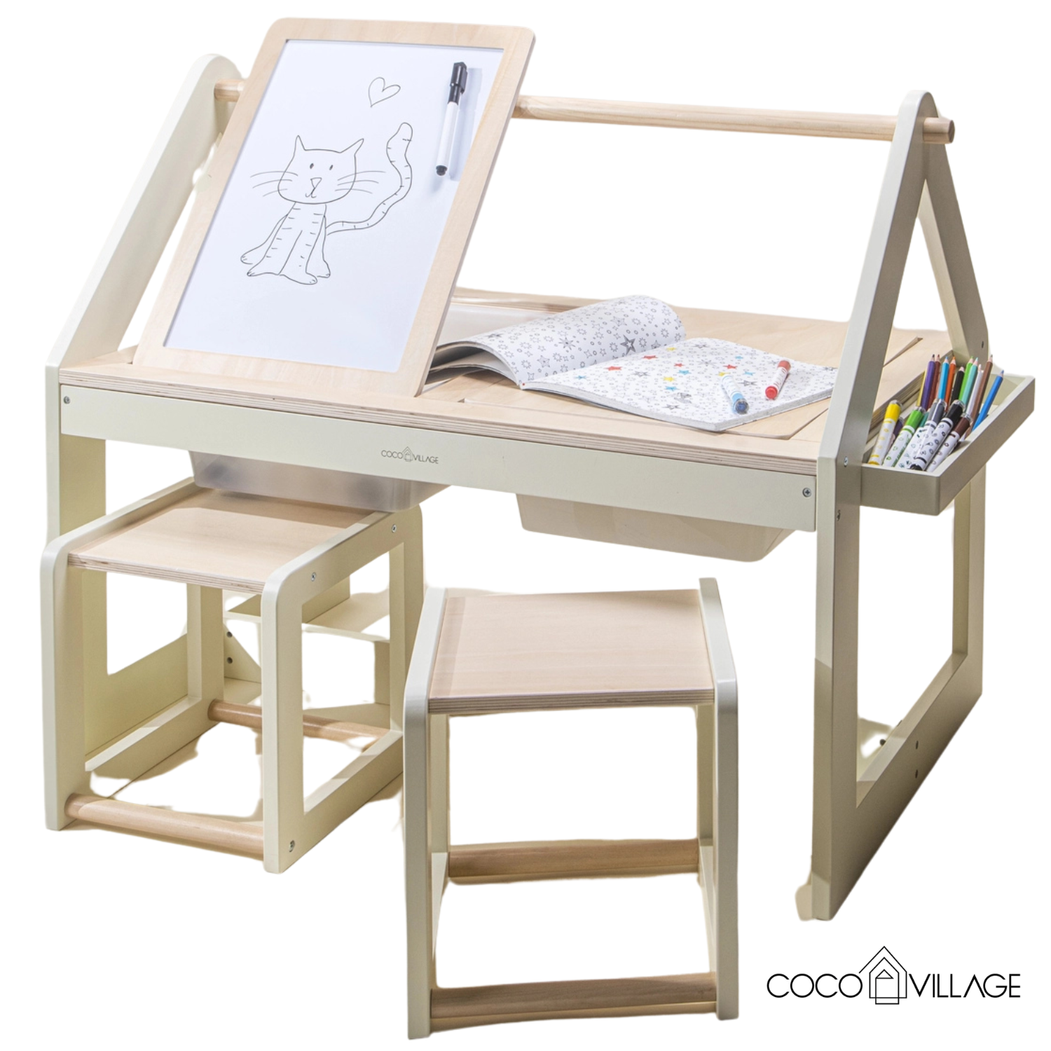 Coco Village Multifunction Wooden Art &amp; Sensory Table With 2 chairs – STEM toy, baby sensory toy