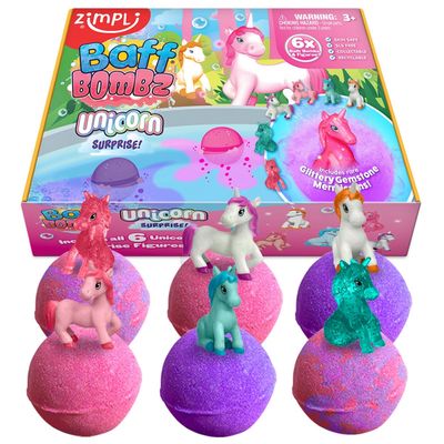 Zimpli Kids Kids Unicorn Surprise Baff Bombz – 6 Fizzy Bath Bombs with Collectible Figures, Skin Sa…