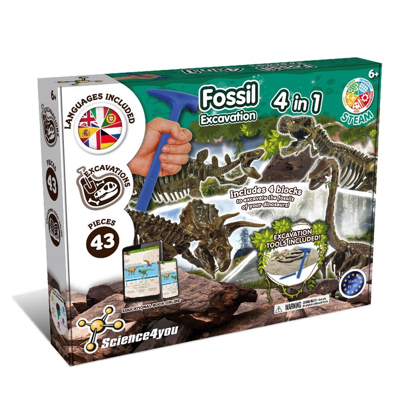 Fossil Excavation 4-in-1 – Dig &amp; Build Dinosaur Fossils (T-Rex, Stegosaurus, Velociraptor) – STEM Toy 6+