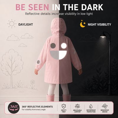 Boxbo Giacca Antipioggia Bambini Eco Reflective Windbreaker, Rosa – foto prodotto, materiale scolas…