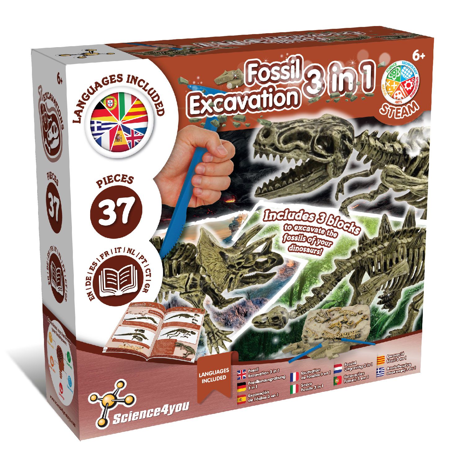 Science4you Fossil Excavation 3 in 1 - Toy for Kids (9 languages) – STEM toy, gift for kids