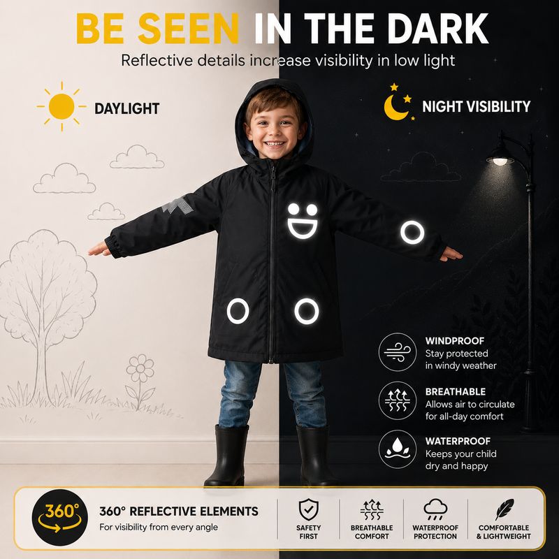 Boxbo Kids Rain Jacket Eco Reflective Windbreaker, Schwarz – school supplies, baby clothing