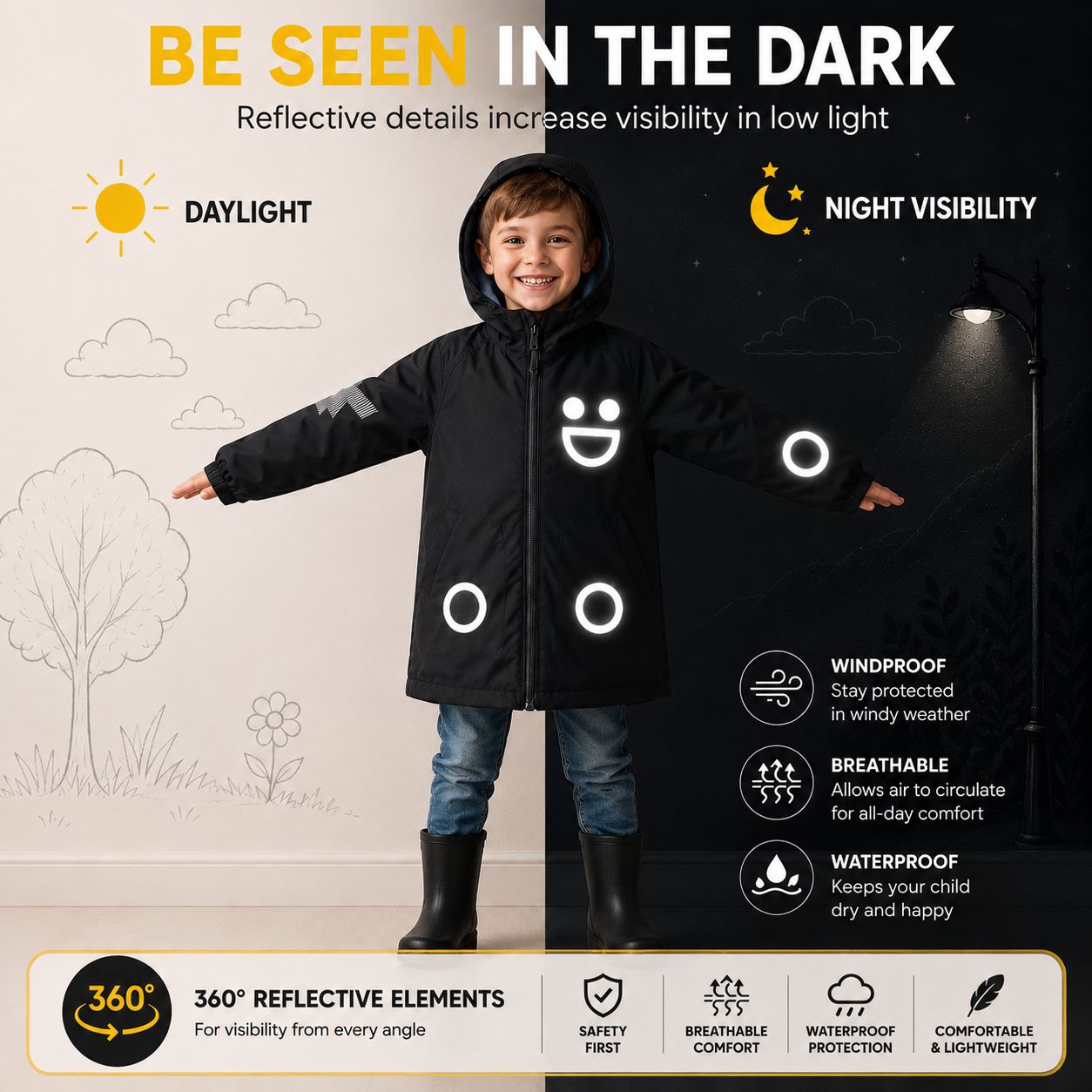 Boxbo Kids Rain Jacket Eco Reflective Windbreaker, Schwarz – school supplies, baby clothing
