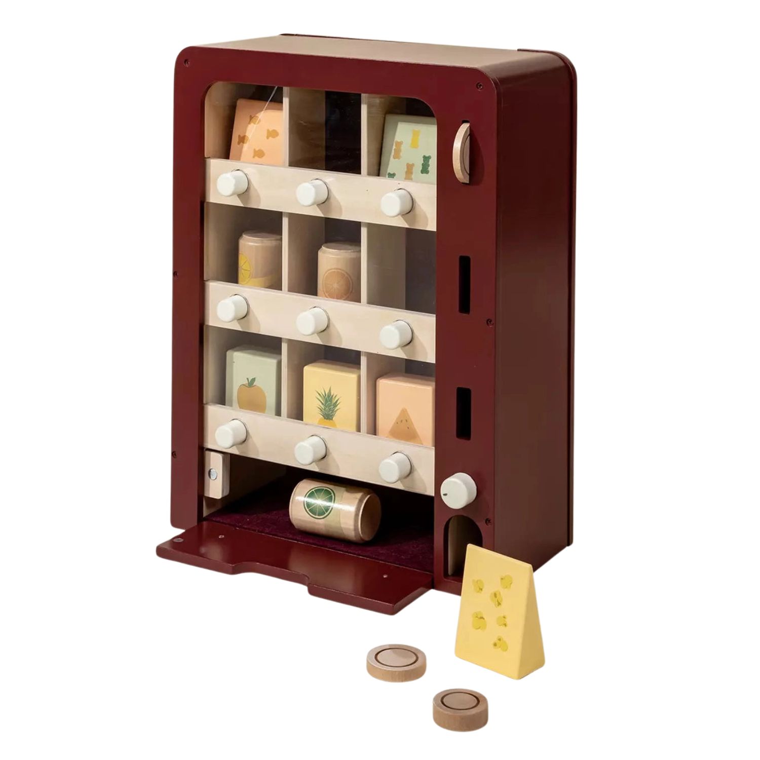 Wooden Vending Machine Toy With Coins And Food