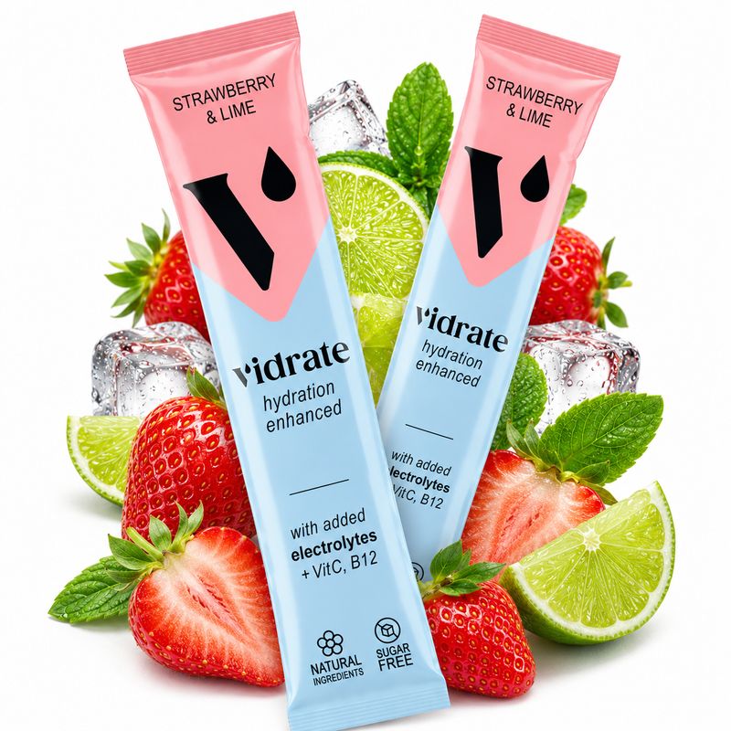 Vidrate Electrolyte Hydration Drink Sachets - 30 Pack, Strawberry &amp; Lime – photo produit, textile b…