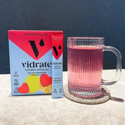 Vidrate Electrolyte Hydration Drink Sachets - 10 Pack, Strawberry &amp; Lime – product image, baby text…