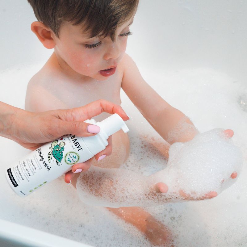 OH BABY! Gentle Foaming Wash – Organic Baby & Family Cleanser – product image, bath time, baby text…