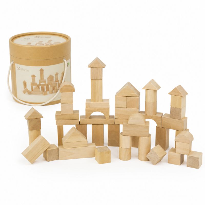 ANDREU TOYS 50 Natural Wooden Building Blocks – STEM Construction Set with 18 Models – STEM toy, sc…