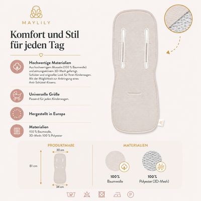 MayLILY Muslin 3D anti-sweat stroller insert, Beige – product image, stroller accessory, baby texti…