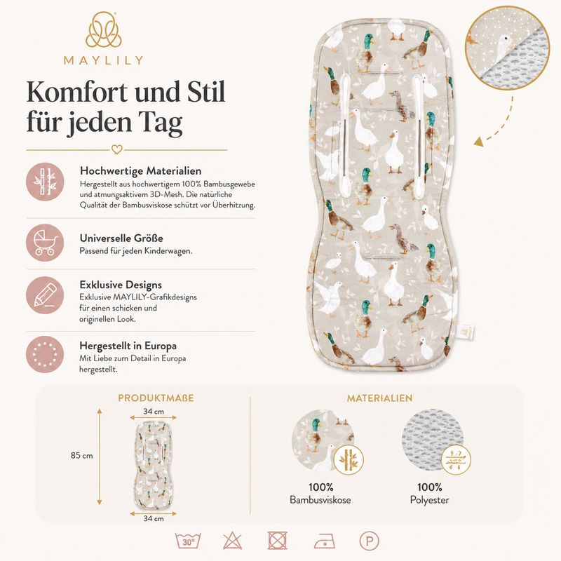 MayLILY Insert de poussette anti-transpiration 3D en bambou, Ducks – photo produit, accessoire pous…