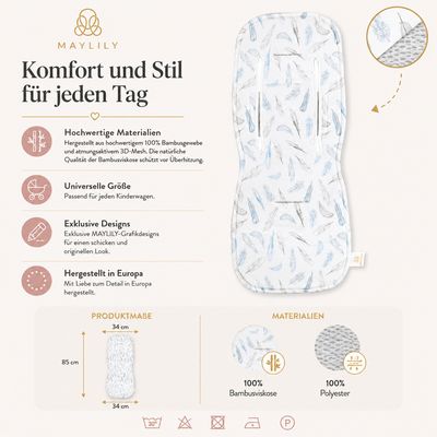 MayLILY Inserto per passeggino in bambù 3D anti-sudore, Heavenly feathers – foto prodotto, accessor…