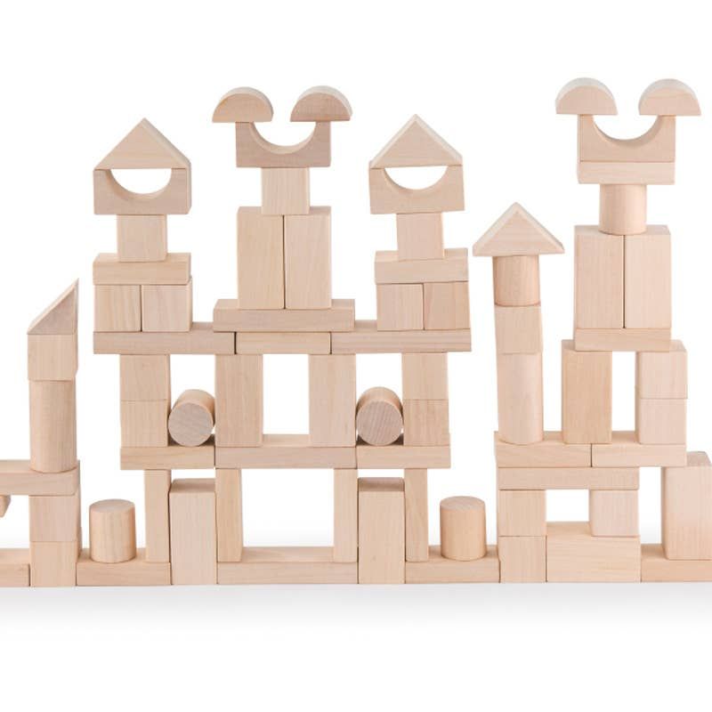 100 Natural Wooden Building Blocks – STEM Construction Set with 18 Models