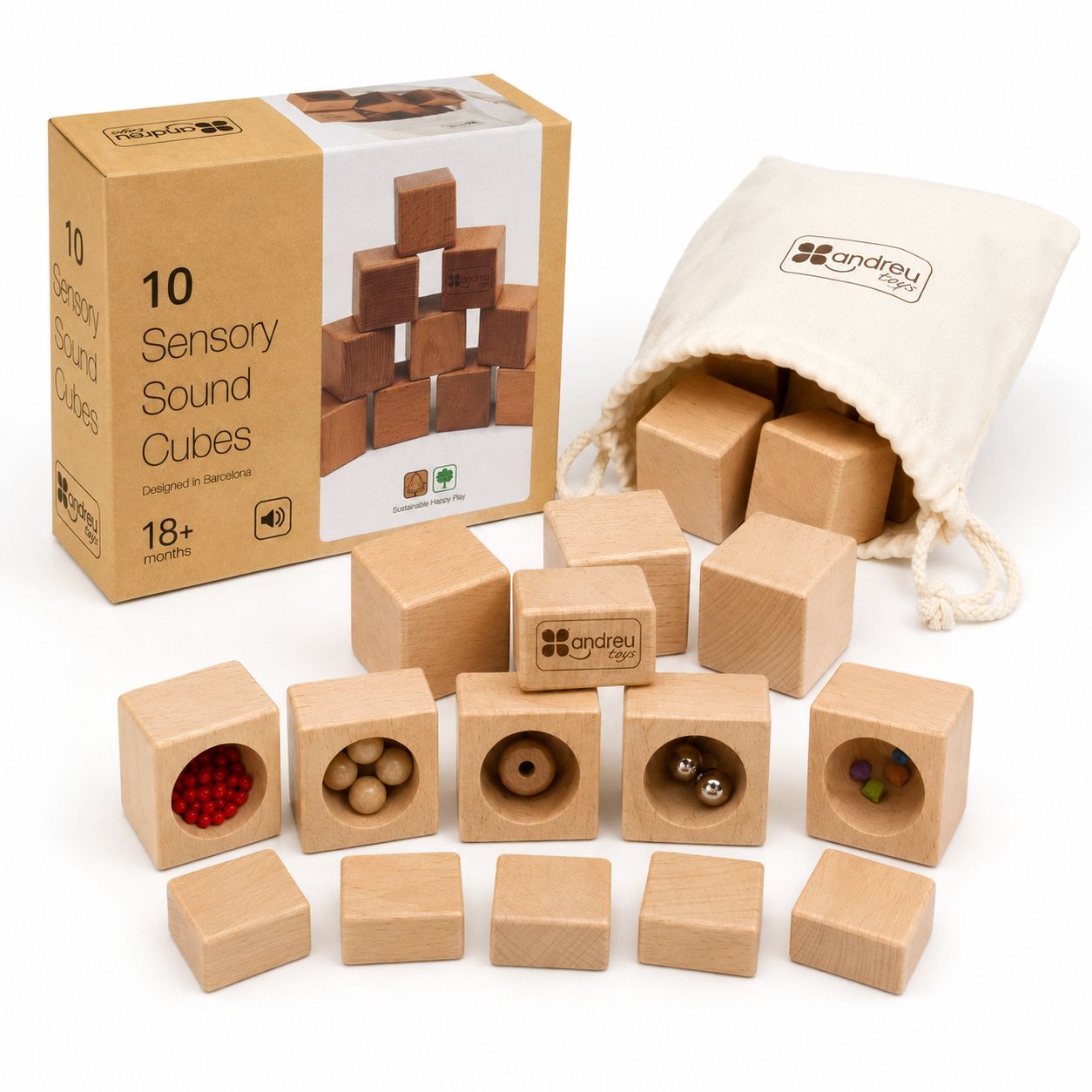 Cubes sonores sensoriels – Jeu d'association de sons en bois (10 pièces)
