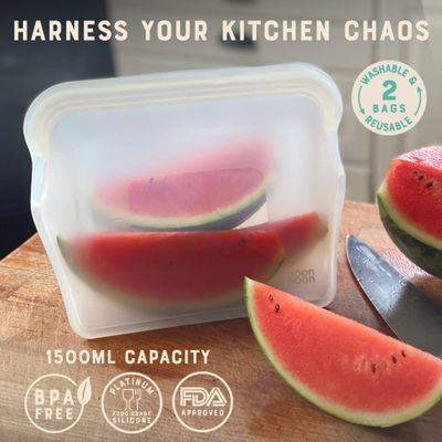 Reusable Silicone Food Storage Bags 1500 ml – Leakproof Stand-Up 2-Pack, Clear