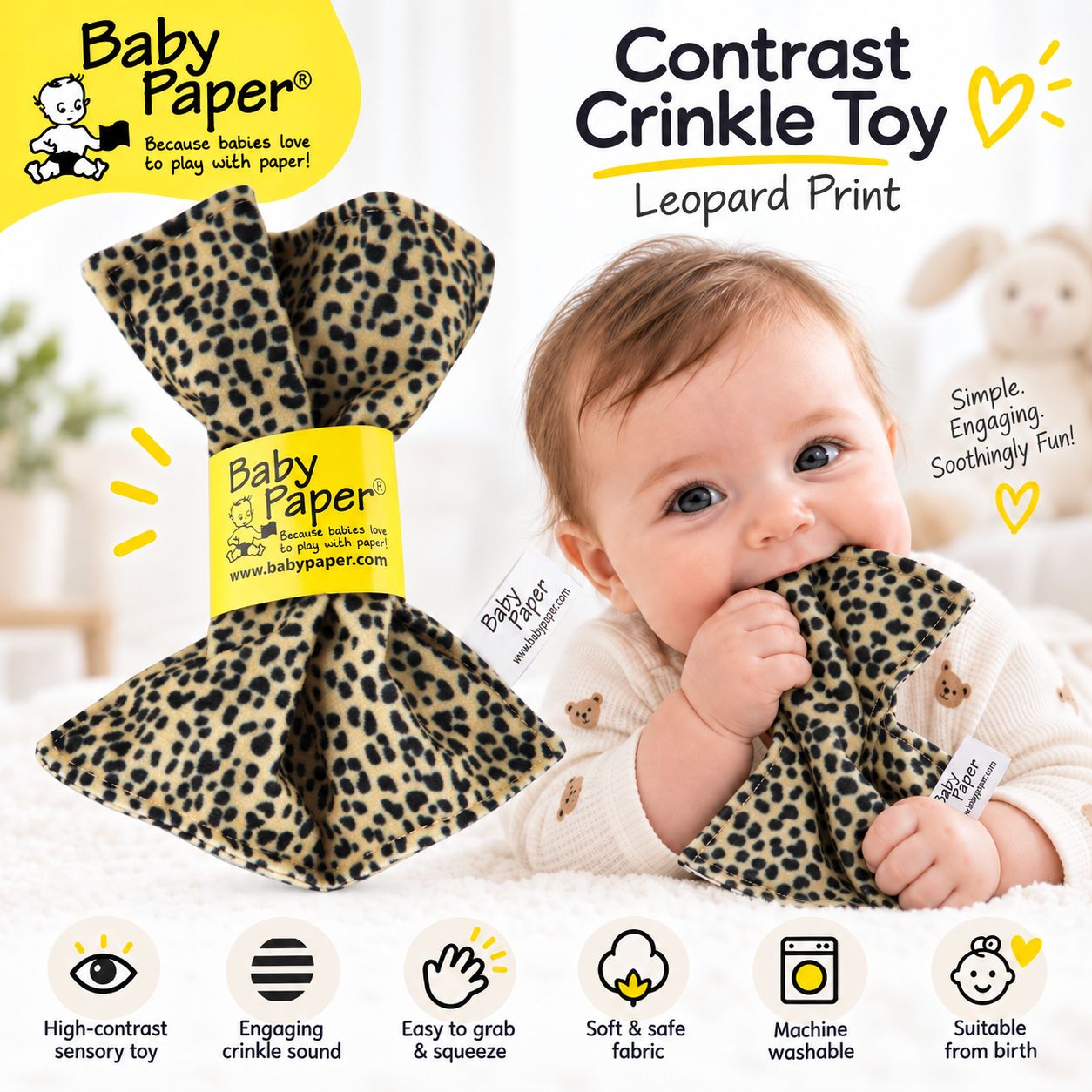 Baby Crinkle Sensory Toy – Fabric Developmental Toy for Newborns 0+, Cheetah