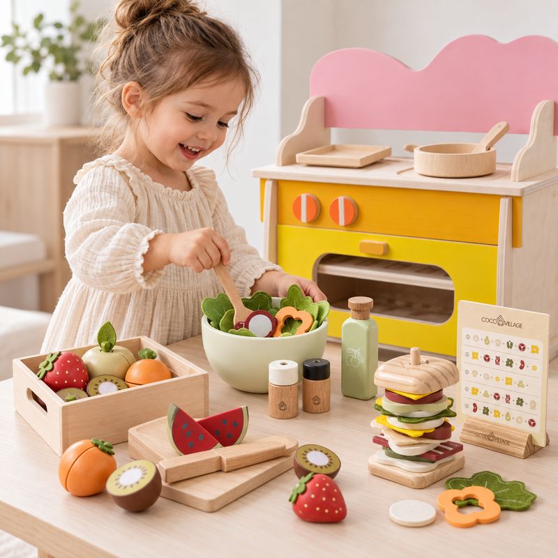 Wooden Play Kitchen Set «Little Kitchen» – Mini Kitchen with Fruit, Vegetables, Salad &amp; Sandwiches