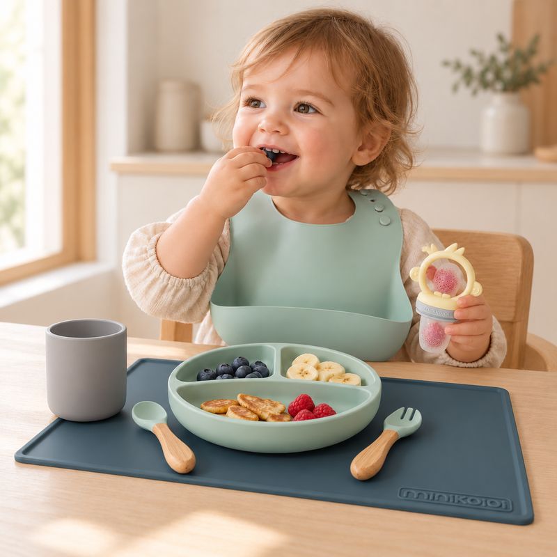 Baby-Led Weaning Complete Set, 5 Pieces – BLW Plate, Bib, Placemat, Fruit Feeder &amp; Cutlery