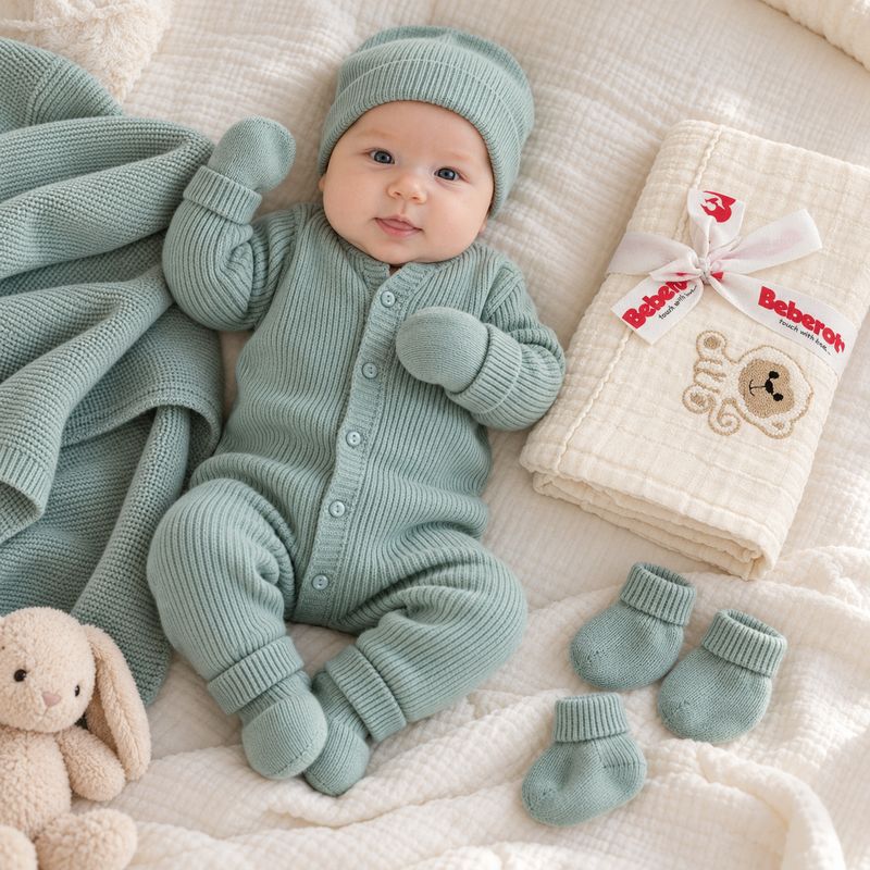 Newborn Gift Box «Welcome Baby» – 5-Piece Layette &amp; Embroidered Muslin Blanket