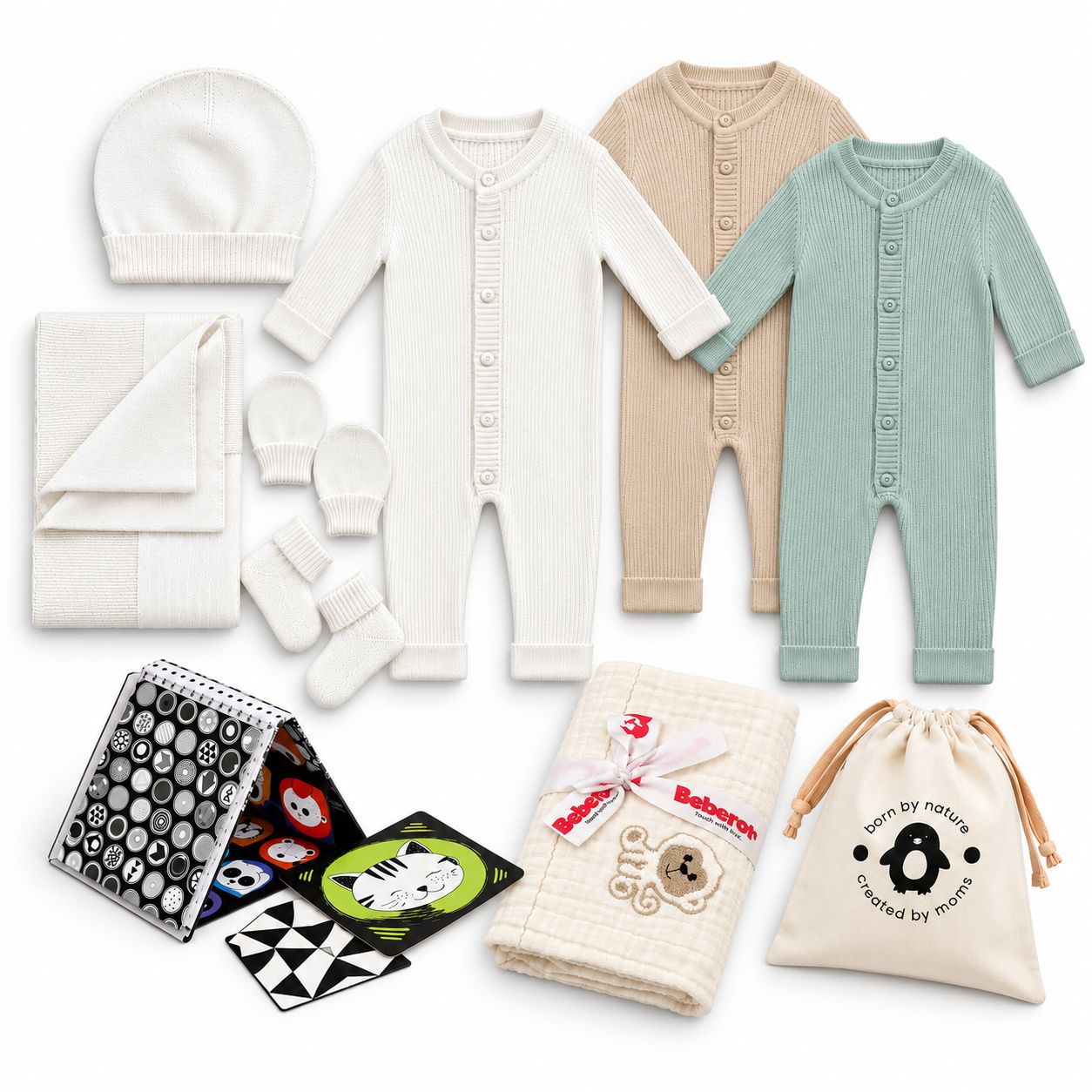 Premium Newborn Gift Box «Big Joy» – Layette, 2 Rompers, Muslin Blanket &amp; Tummy Time Mirror