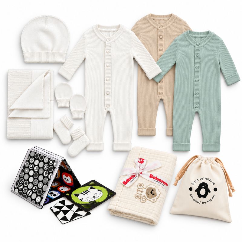 Premium Newborn Gift Box «Big Joy» – Layette, 2 Rompers, Muslin Blanket &amp; Tummy Time Mirror