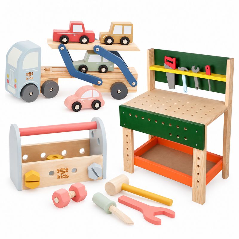 Wooden Builder Set «Little Craftsman» – Workbench, Tool Box &amp; Transporter Truck