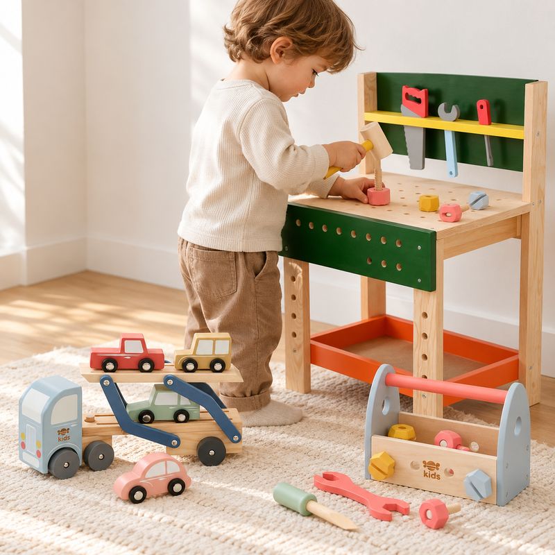 Wooden Builder Set «Little Craftsman» – Workbench, Tool Box &amp; Transporter Truck