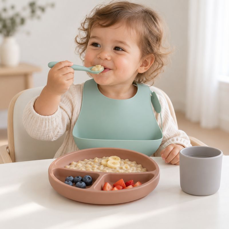 Baby Weaning Starter Set, 4 Pieces – Silicone Suction Plate, Spoon, Bib &amp; Cup