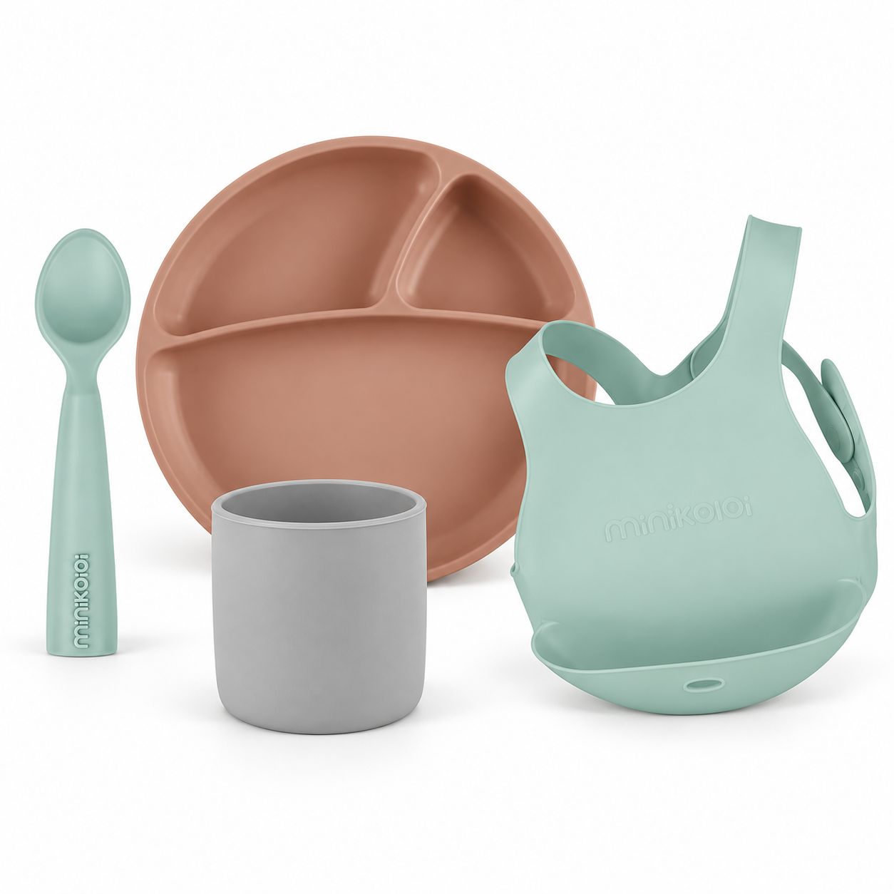 Baby Weaning Starter Set, 4 Pieces – Silicone Suction Plate, Spoon, Bib &amp; Cup