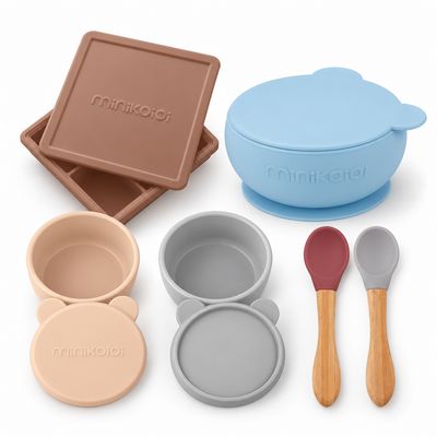 Babybrei Set zum Selbermachen – Silikon Püreeform, Aufbewahrungsschalen, Saugschüssel & Löffel