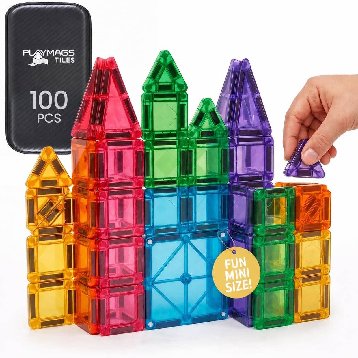 Mini Magnetic Building Tiles – 100 Pieces, Travel Construction Toy in Tin